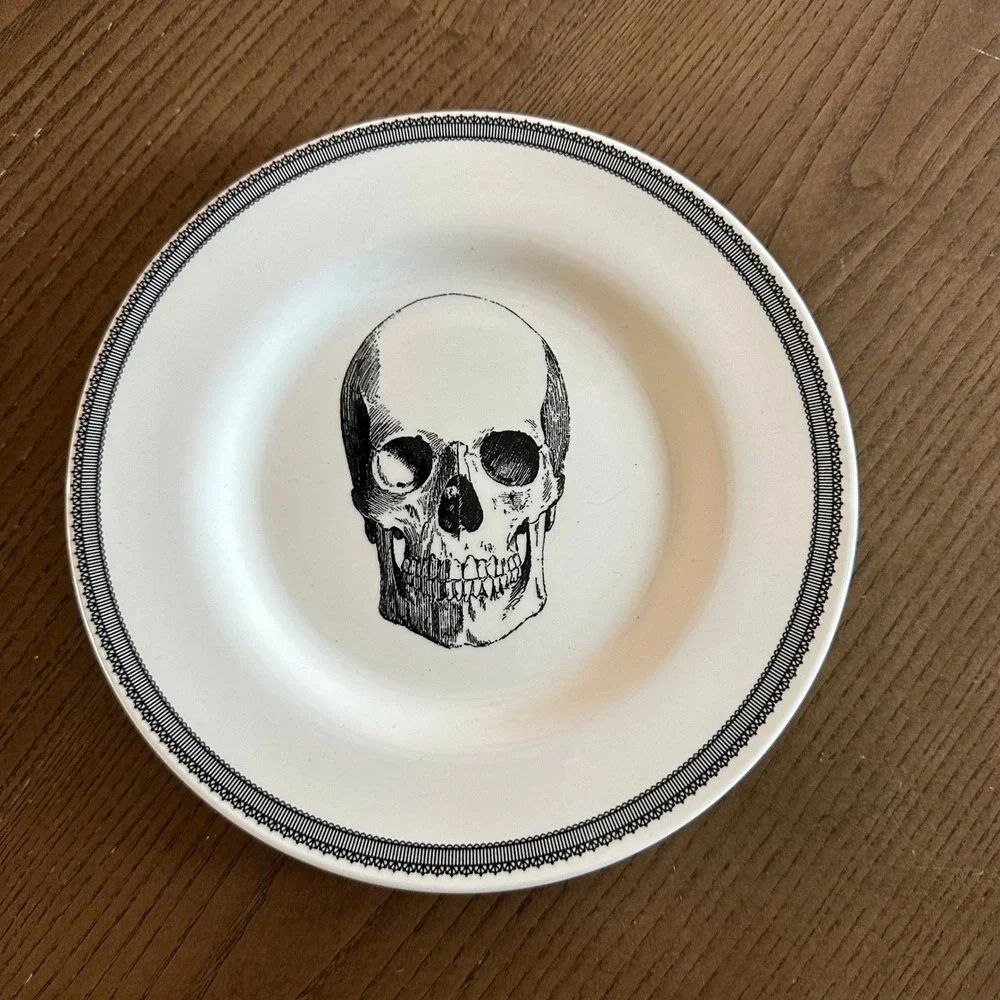 Edward Challinor English Pottery Skull Plates Set of 2 White Black Gothic 8.5in